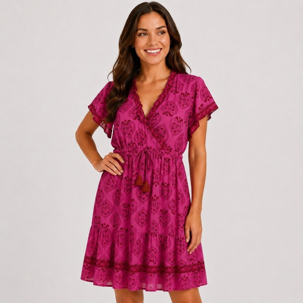 La Plage Boho Knee Length Dress Womens L Pink Cotton India Resort Ruffle Pockets